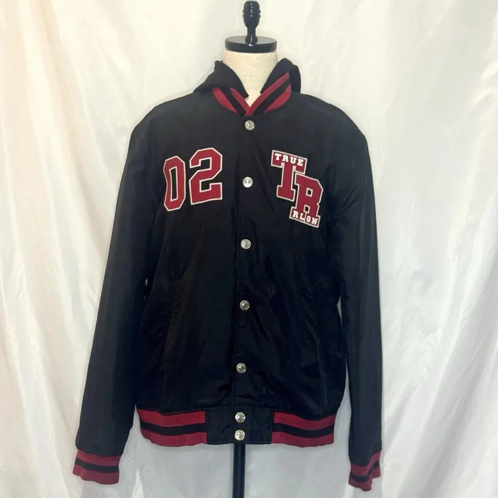 True Religion Varsity Jacket Mens 3XL Black Hooded Snap Front Panther Patch Y2K